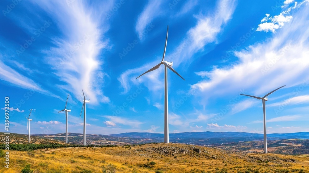 Expansive View of Wind Turbines on a Sunny Day with Blue Sky and Wispy Clouds Over Green Hills Expansive View of Wind Turbines on a Sunny Day with Blue Sky and Wispy Clouds Over Green Hills