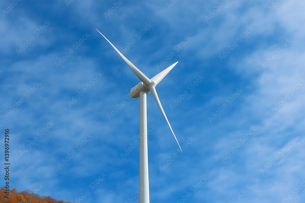 A tall wind turbine stands against a blue sky, harnessing wind energy with its sleek blades. A tall wind turbine stands against a blue sky, harnessing wind energy with its sleek blades.