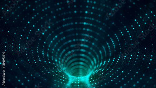 Technology wireframe circle tunnel on blue background. Futuristic 3D wormhole grid. Big data visualization. 3D rendering.