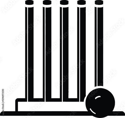 Cricket wicket vector PNG with five stumps and a cricket ball, stylized sports graphic, essential elements of the game, perfect for logos, illustrations, and promotional materials.