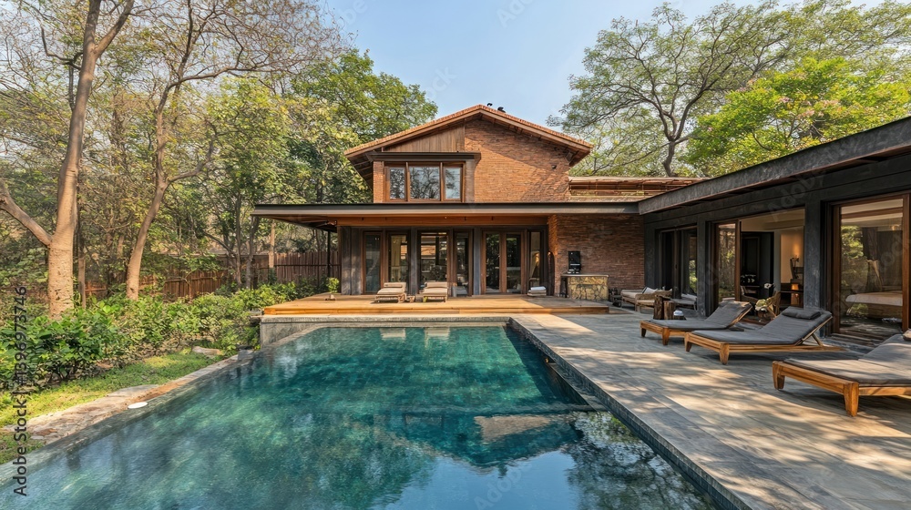 Fototapeta premium Modern Rustic Home with Swimming Pool Surrounded by Lush Greenery and Trees in a Tranquil Outdoor Setting