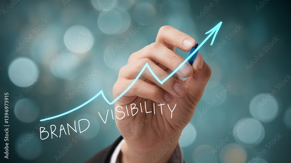Hand drawing upward brand visibility graph, symbolizing growth and success in business marketing strategy Hand drawing upward brand visibility graph, symbolizing growth and success in business marketing strategy
