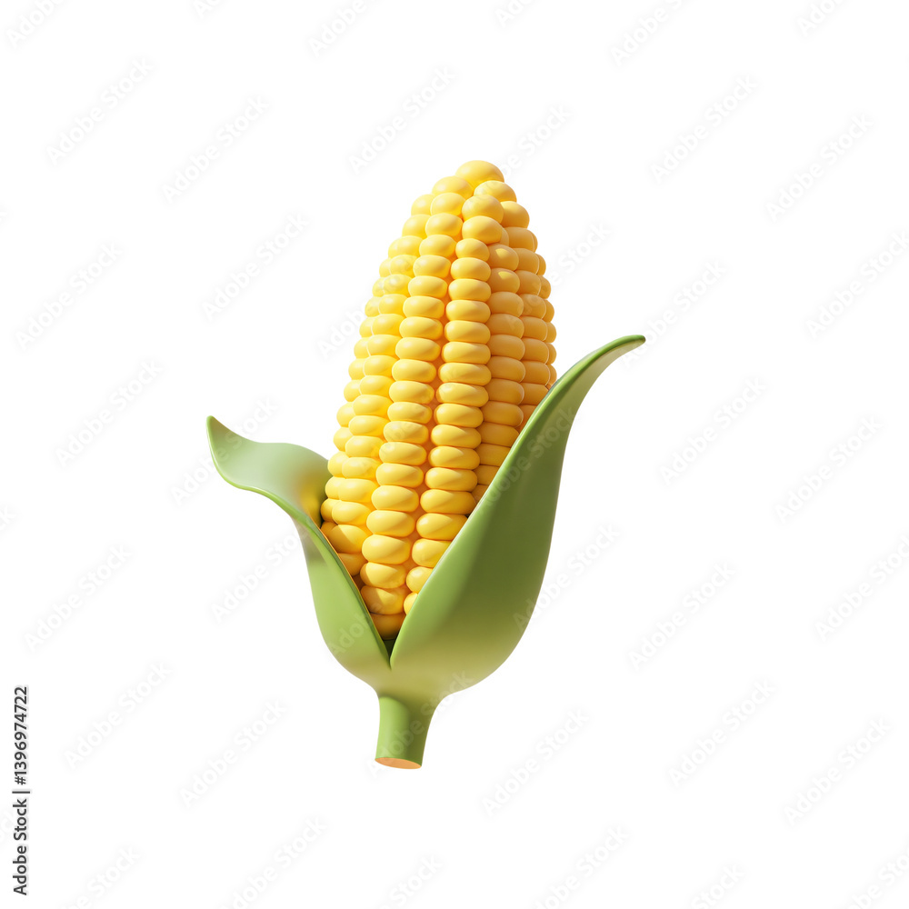 Obraz premium Corn Maize Cob with Leaves 3D Render Icon Illustration Cute Cartoon Style on Isolated Background