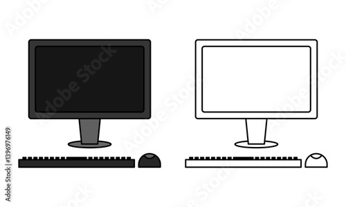 Illustration of a desktop computer includes a monitor, keyboard, and mouse, colored and outline versions. . Suitable for technology purposes, interface design, or digital concepts. Editable strokes