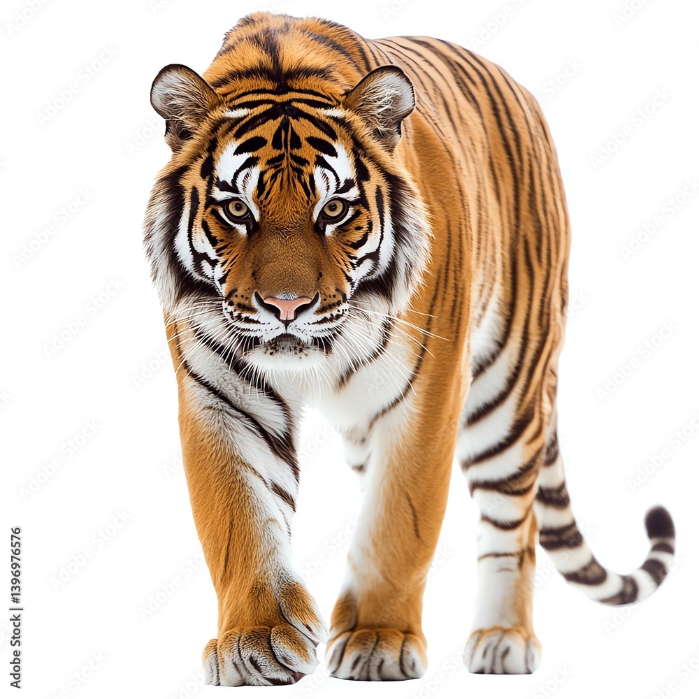 Fototapeta premium A powerful tiger strides confidently, showcasing its striking stripes and piercing gaze. Ideal for wildlife and animal lovers seeking captivating imagery.