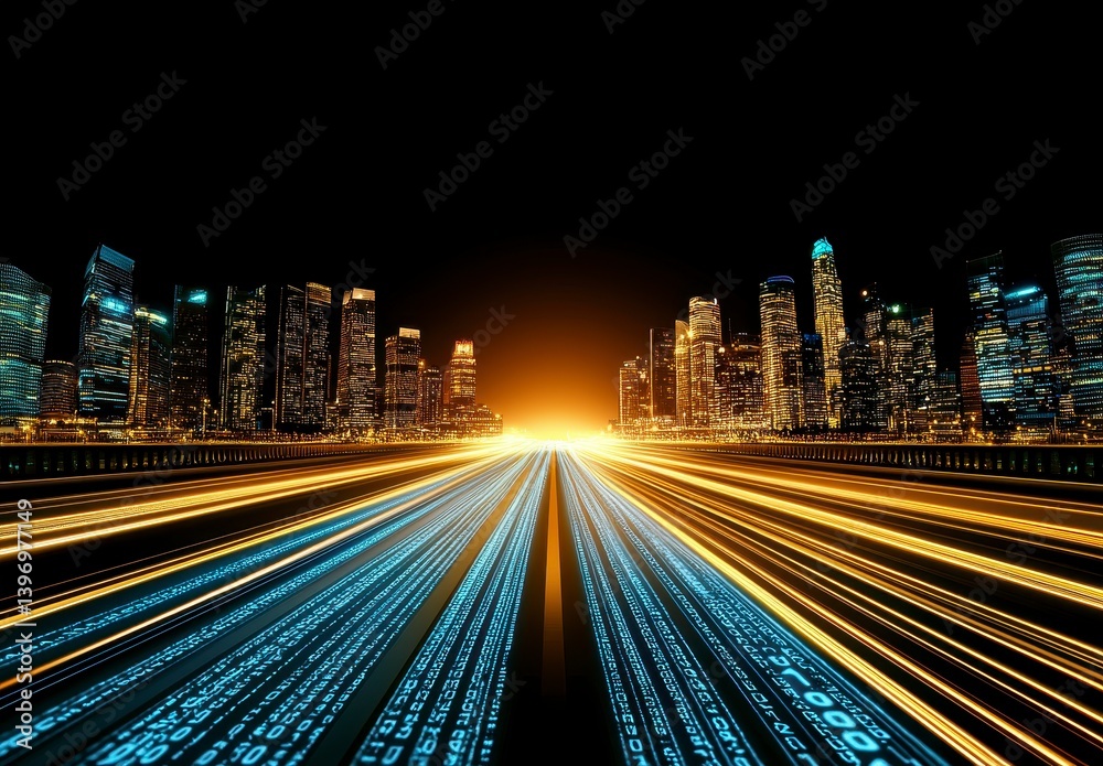 Obraz premium Abstract Night Cityscape with Glowing Data Streams