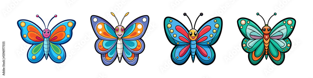 Collection of four colorful cartoon butterflies with happy faces Collection of four colorful cartoon butterflies with happy faces