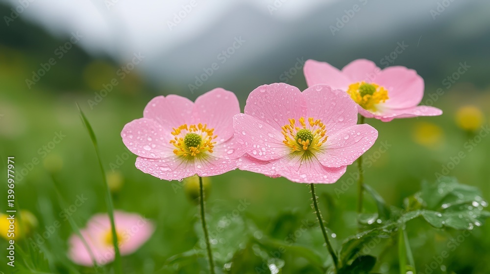 Delicate Pink Wildflowers with Dew Drops in Mountain Meadow Delicate Pink Wildflowers with Dew Drops in Mountain Meadow