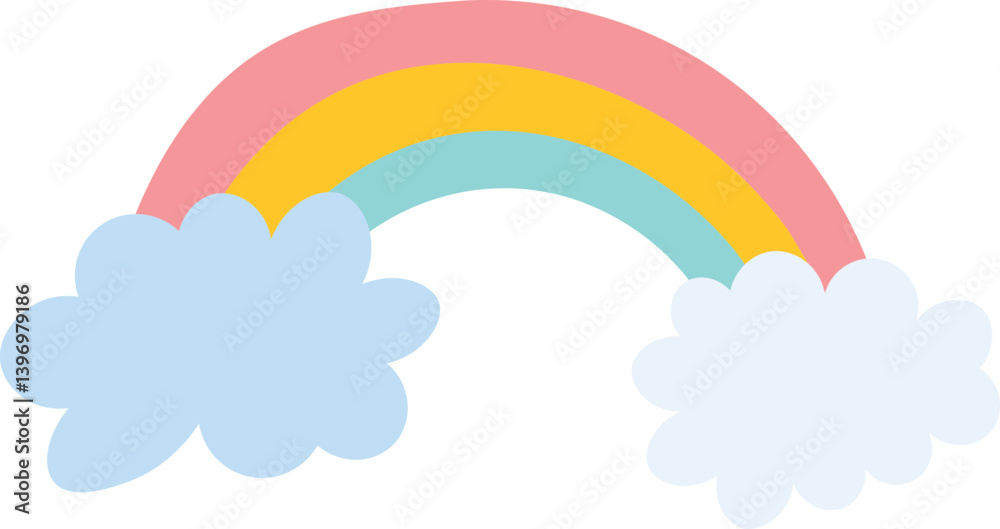 Simple colorful cute rainbow. Rainbow with two blue clouds isolated on white background, vector illustration. Simple colorful cute rainbow. Rainbow with two blue clouds isolated on white background, vector illustration.