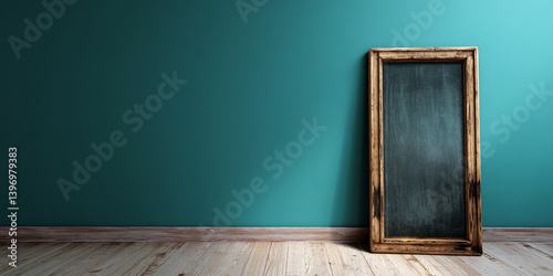 Blank chalkboard in rustic wooden frame against teal wall, showcasing ample free space for text or advertisement, ideal for mockup and design projects