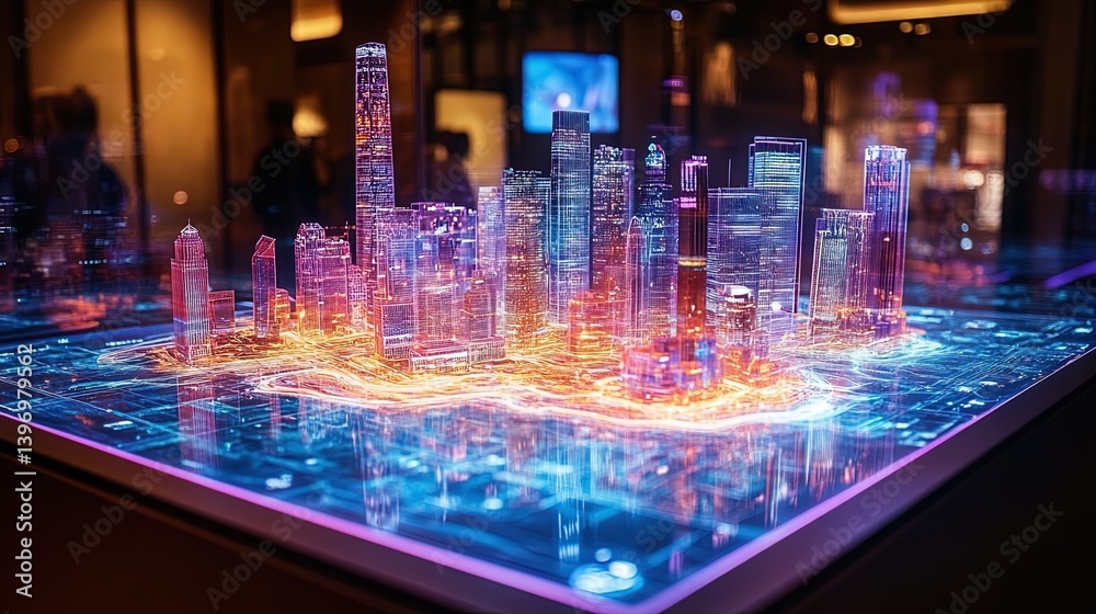 Fototapeta premium A holographic display showing a 3D digital map with real-time data visualization and touch-based navigation