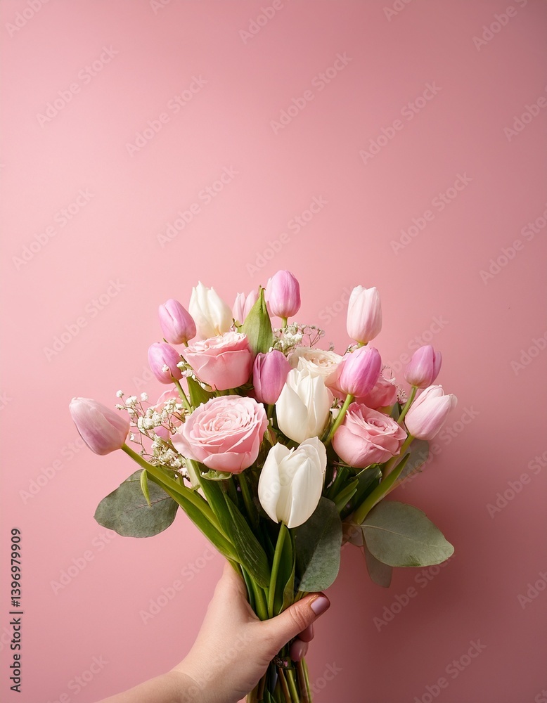 Mother's day concept. Hand holding bouquet of pink roses and white tulips on pale pink background and copy space. Generated image