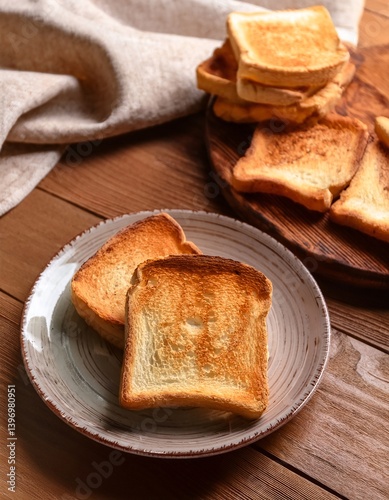 Plate with tasty toasted bread on wooden table
