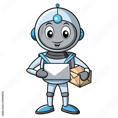 Cartoon Robot Mail Carrier Holding Letter and Package Friendly Futuristic Delivery Bot for Kids’ Tech and Learning Themes