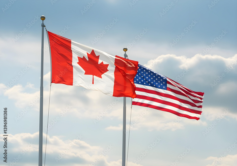 canadian and american flags waving together on flagpoles against blue sky with clouds symbolizing international cooperation and north american friendship
canadian and american flags waving together on flagpoles against blue sky with clouds symbolizing international cooperation and north american friendship