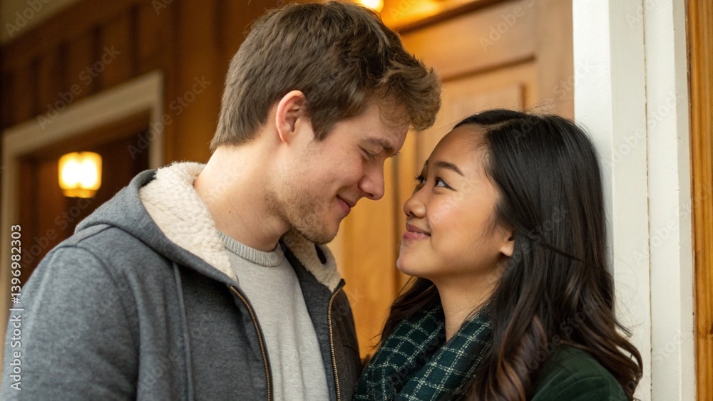 Portrait young couple white American and Asian lover love and affection between individuals of different racial Portrait young couple white American and Asian lover love and affection between individuals of different racial
