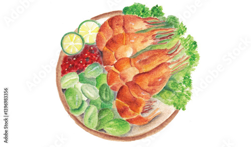 Watercolor shrimps food illustration