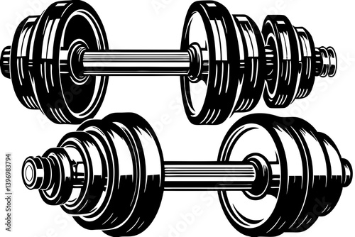 High-quality vector illustration of gym and fitness-related elements, featuring weights, exercise equipment, fitness poses, and active lifestyle symbols. Perfect for use in fitness branding, gym logos