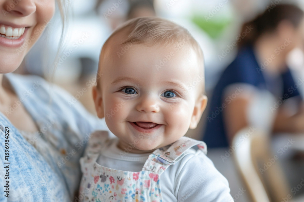 Happy baby smiling with mother in cozy cafe setting during daytime Happy baby smiling with mother in cozy cafe setting during daytime