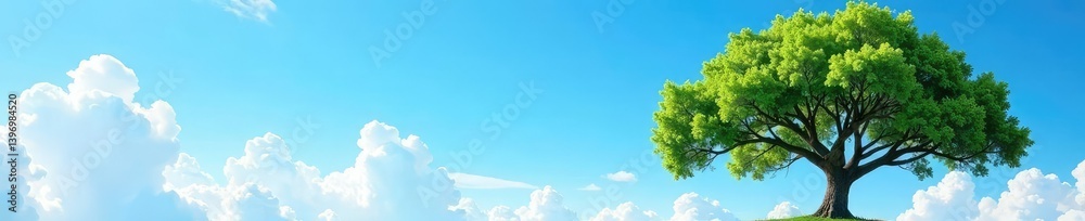 Fototapeta premium Tree against a bright blue sky with fluffy white clouds, peaceful, airy