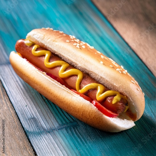 Delicious fast food. Hot dogs with mustard and ketchup on wooden table