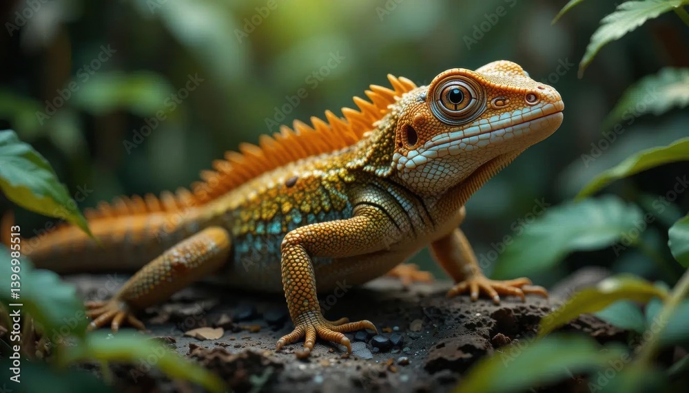 Vibrant Orange and Green Lizard in Lush Tropical Foliage Vibrant Orange and Green Lizard in Lush Tropical Foliage