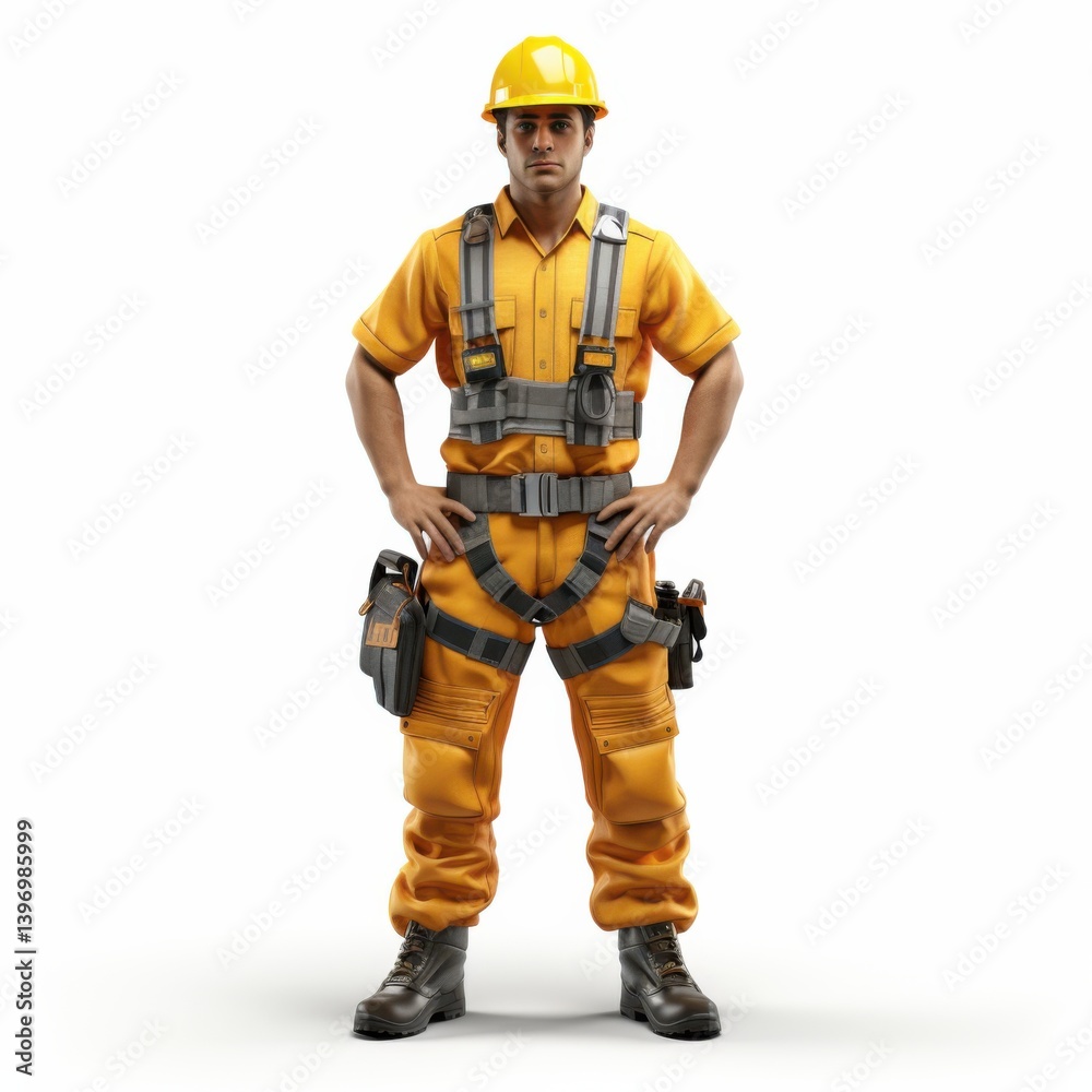 A low poly model of a construction worker wea a yellow safety suit and harness stands confidently against a white background showcasing detailed polygonal design. A low poly model of a construction worker wea a yellow safety suit and harness stands confidently against a white background showcasing detailed polygonal design.