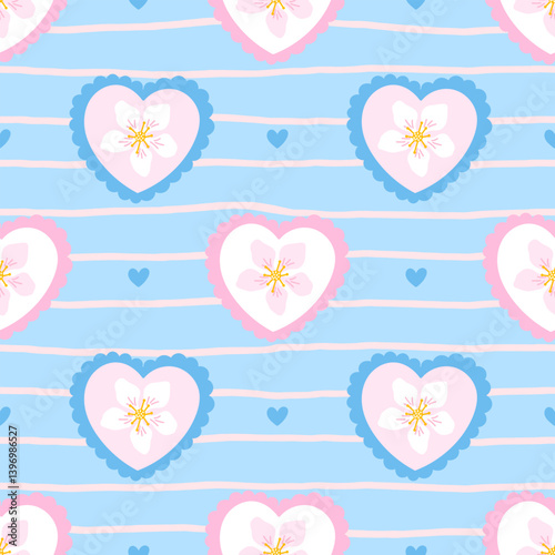 Seamless flower pattern with heart elements in a cute vector style. Perfect for summer textiles, children clothing, and fruity wrapping paper designs