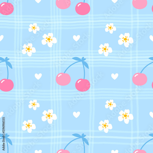 Vector seamless pattern featuring sweet cherries and botanical elements, gingham. Ideal for picnic-inspired designs, spring wallpapers, and seasonal fabric prints