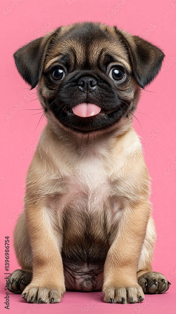 Obraz premium Adorable pug puppy with playful expression and soft fur on pink background