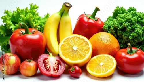 Variety of organic fruits and vegetables isolated, vibrant, grocery, juicy