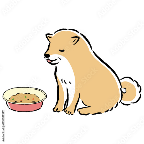 やわらかいフードを食べるシニア犬の手描きイラスト