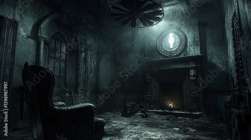 Dimly Lit Abandoned Room with Vintage Chair and Eerie Atmosphere