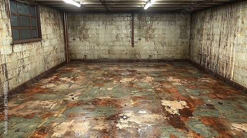 Empty Grungy Basement with Textured Walls and Wet Floor
