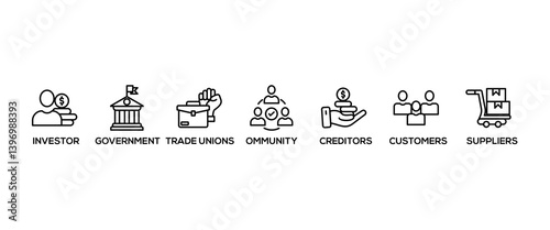 Stakeholder relationship banner web icon vector illustration concept for stakeholder, investor, government, and creditors with icon of community, trade unions, suppliers, and customers