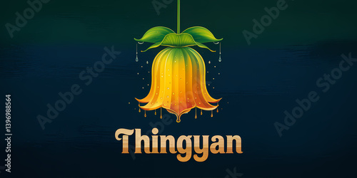 A stylized illustration of an upside-down flower with water droplets against a dark green and blue gradient background, featuring 