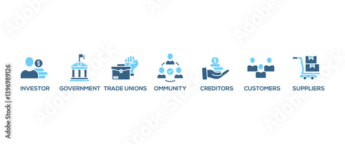 Stakeholder relationship banner web icon vector illustration concept for stakeholder, investor, government, and creditors with icon of community, trade unions, suppliers, and customers