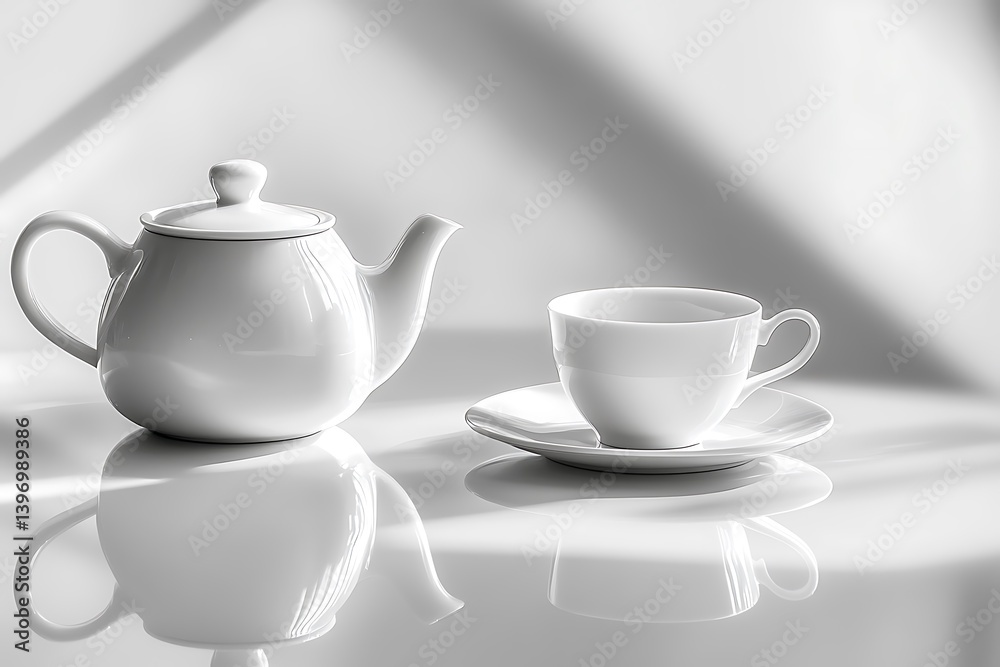 An image capturing the elegance of a white tea set, a pot, cup, and saucer arranged neatly on a glossy white table, emphasizing pure forms and lines. An image capturing the elegance of a white tea set, a pot, cup, and saucer arranged neatly on a glossy white table, emphasizing pure forms and lines.