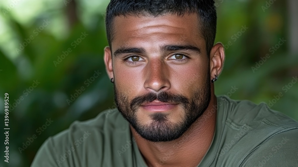Close-up portrait of a man with a thoughtful expression. He has short dark hair, a trimmed beard and mustache, and piercing eyes. He's wearing a muted olive green t-shirt. Close-up portrait of a man with a thoughtful expression. He has short dark hair, a trimmed beard and mustache, and piercing eyes. He's wearing a muted olive green t-shirt.