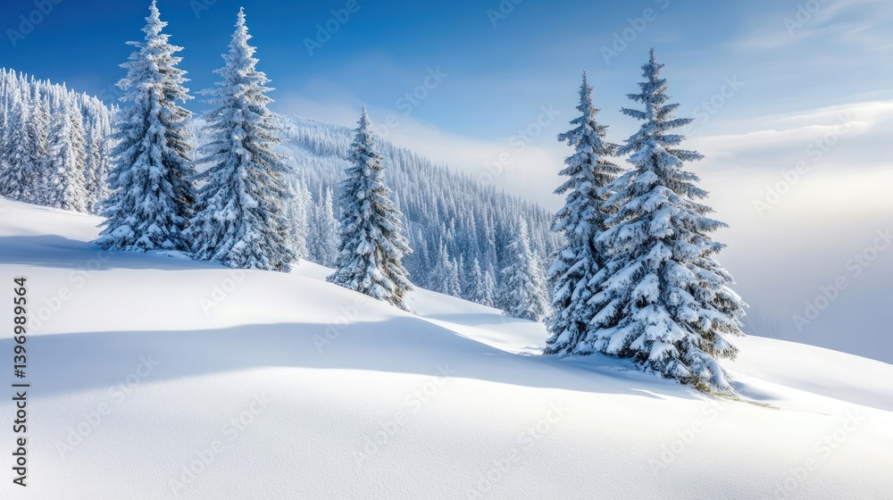 Serene Winter Landscape with Snow-Covered Trees under Blue Sky and Soft Clouds Serene Winter Landscape with Snow-Covered Trees under Blue Sky and Soft Clouds