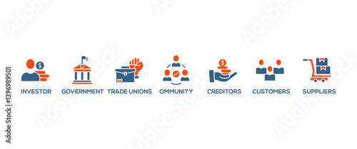 Stakeholder relationship banner web icon vector illustration concept for stakeholder, investor, government, and creditors with icon of community, trade unions, suppliers, and customers