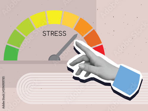 Black and white hand moves arrow on stress scale downwards - stress reduction concept. Modern photo collage style. Vector illustration