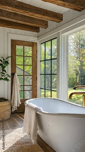 Modern bathroom with large windows showcasing a peaceful outdoor view and natural light in a serene setting