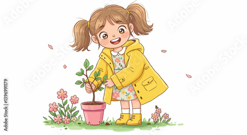 Cute Girl Planting Tree Cartoon Vector

