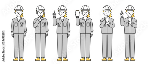 女性作業員のベクターイラストセット スマホ 悩み 問題 解決 ヘルメット バリエーション