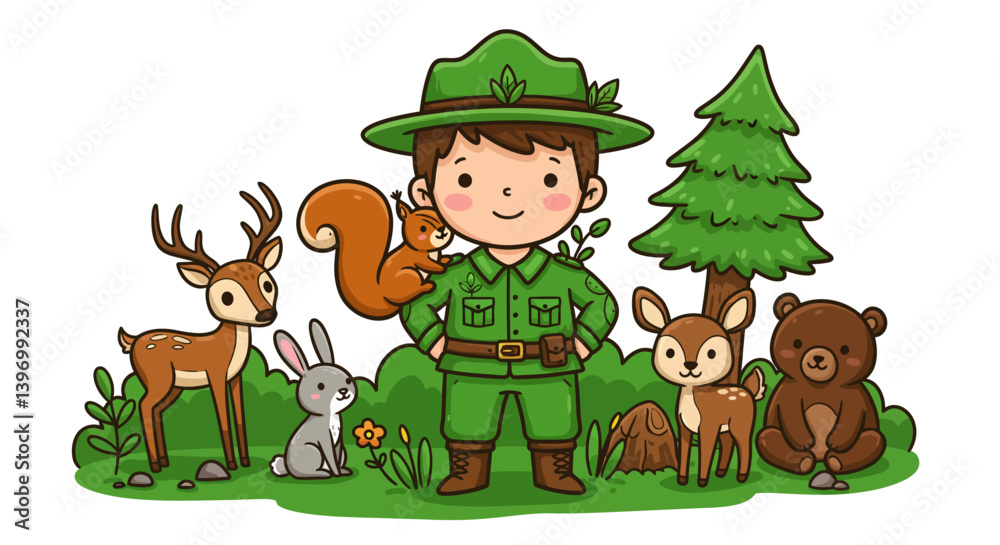 Fototapeta premium Cute Forest Ranger Boy and Animals Cartoon Illustration