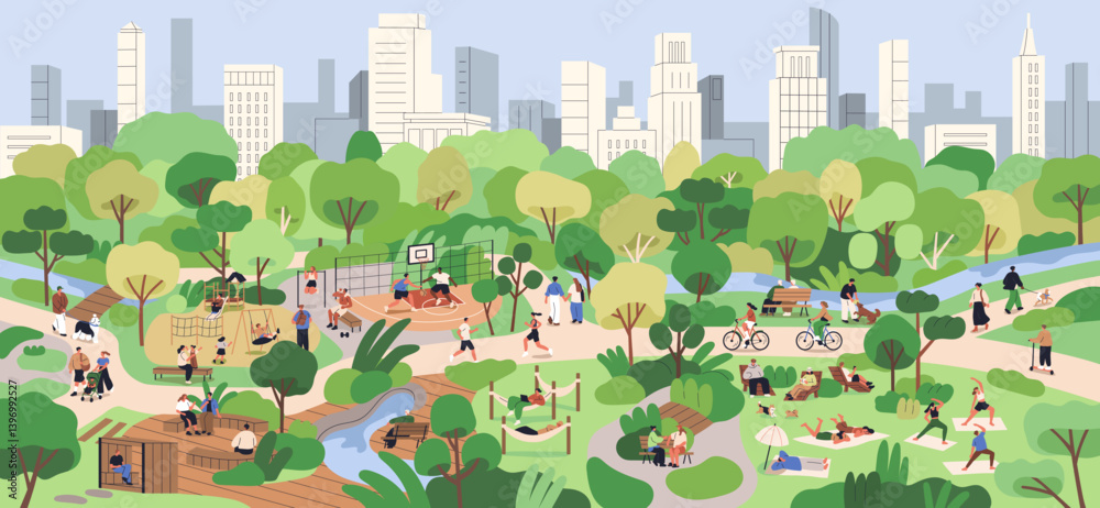 Naklejka premium City park life. People on bikes, walking, jogging and exercising on grass outdoors on summer holiday. Urban parkland landscape with lanes, playground, trees, buildings. Flat vector illustration