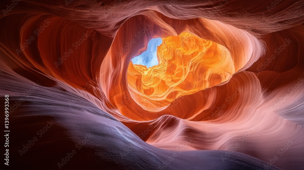 Obraz premium Intricate sandstone formations within a heart-shaped slot canyon. Sunlight streams through, illuminating the vibrant colors