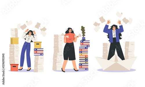 Office Bureaucracy with People Characters Having Loads of Paperwork Vector Set