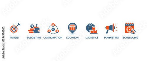 Event management banner web icon vector illustration concept with icon of target, budgeting, scheduling, logistics, location, marketing, and coordination